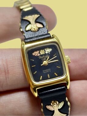 12K Black Hills Gold Leaves Watch Rose/Yellow Gold Angel On Leather + Expansion